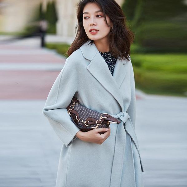 

women's wool & blends long coat women runway pink coats winter warm ladies mint green clothes belt woolen luxury cute candy color jas 6, Black