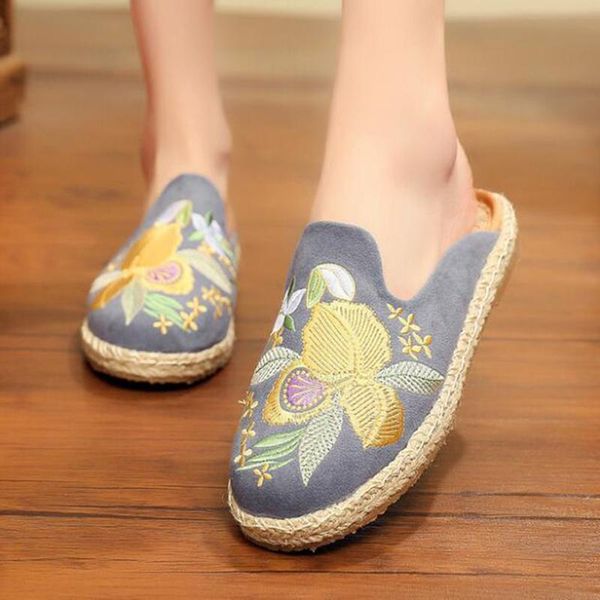

slippers embroidery closed toe woman summer national cloth women shoes thai linen home chanclas mujer dd192, Black