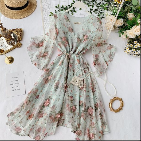 

women chiffon dress summer v neck flare sleeve floral sweet tulle elegant ladies irregularity robe, Black;gray