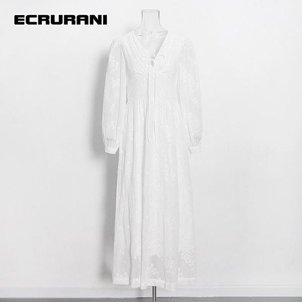 

casual dresses ecrurani white patchwork lace dress for women v neck lantern long sleeve high waist ankle length female 2021 clothes, Black;gray