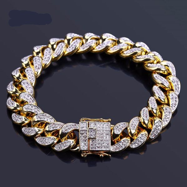 

new style men hip hop jewelry fashion bracelet iced out bling copper gold color plated cz stone 14mm chain bracelets with 7" 8" gi, Black
