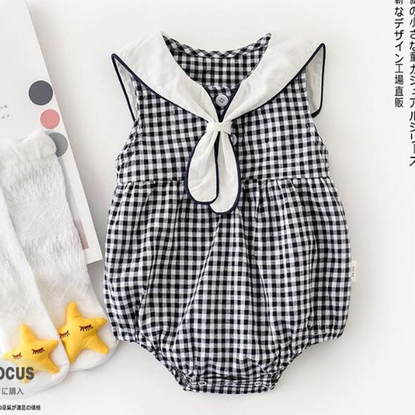 

baby boy girl sleeveless grid rompers summer kids born clothes 210429, Blue