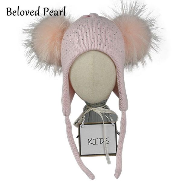 

thick earflap girls winter hat with double real fur pompon warm bomber hats for kids caps &, Yellow