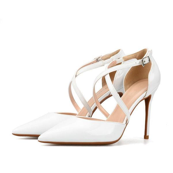 

dress shoes pointed toe cross strappy thin heels pumps women stiletto patent leather party high heel shoe 2021, Black