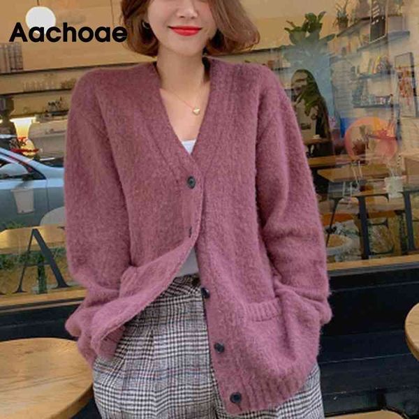 

aachoae pure cardigan sweater women loose korean style knitted lady long sleeve pocket casual sweaters v neck outerwear 210413, White;black
