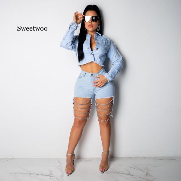 

women's jeans women summer streetwear chain hollow out black high waist knee length pants light denim skinny short, Blue