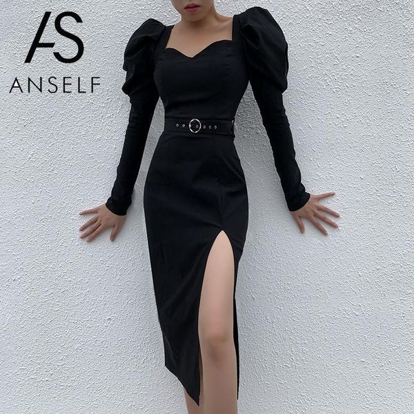 

casual dresses 2021 midi black dress women v neck long puff sleeve high split metal buckle belt gowns female elegant partywear one-piece, Black;gray