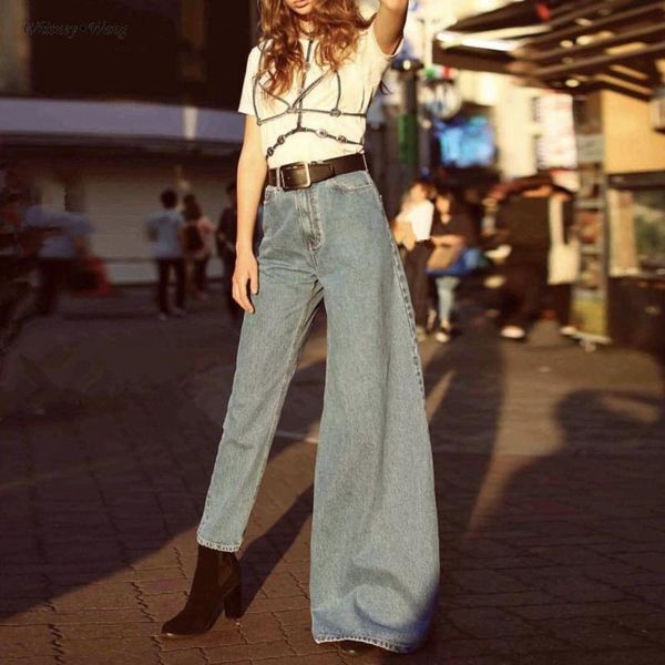 

2021 fashion streetwear designer style asymmetrical wide leg jeans women denim pants women's, Blue
