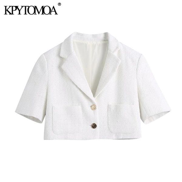 

women 2021 fashion metal button tweed cropped white blazer coat vintage short sleeve pockets female outerwear chic women's suits & bla, White;black