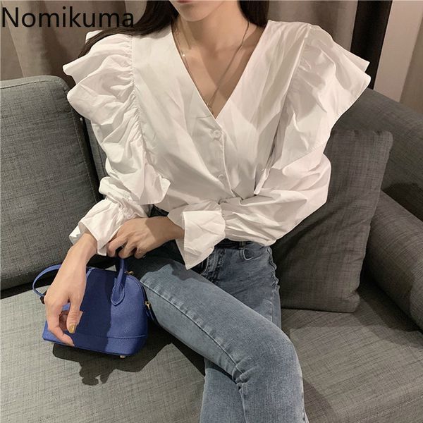 

nomikuma women blouse korean ruffle patchwork blusas femme flare long sleeve v-neck blouses autumn shirt 6c990 210427, White