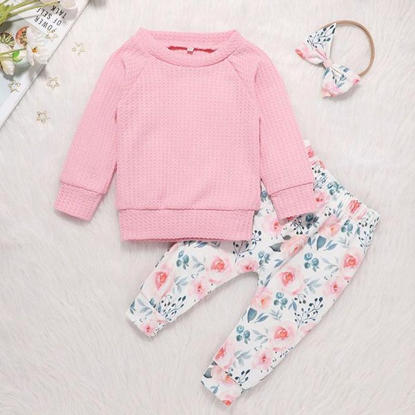 

clothing sets infant 3pcs outfits born baby girls fashion autumn winter solid o-neck sweatshirt+floral pants+headband children, White