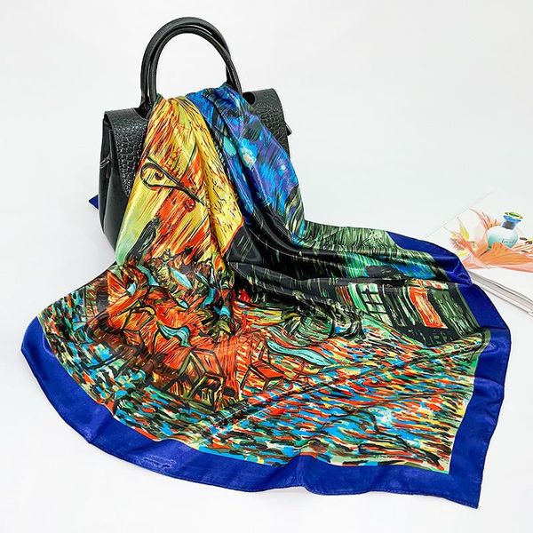 

scarves silk scarf women large square 90cm turban oil painting printing cafe custom wholesale satin, Blue;gray