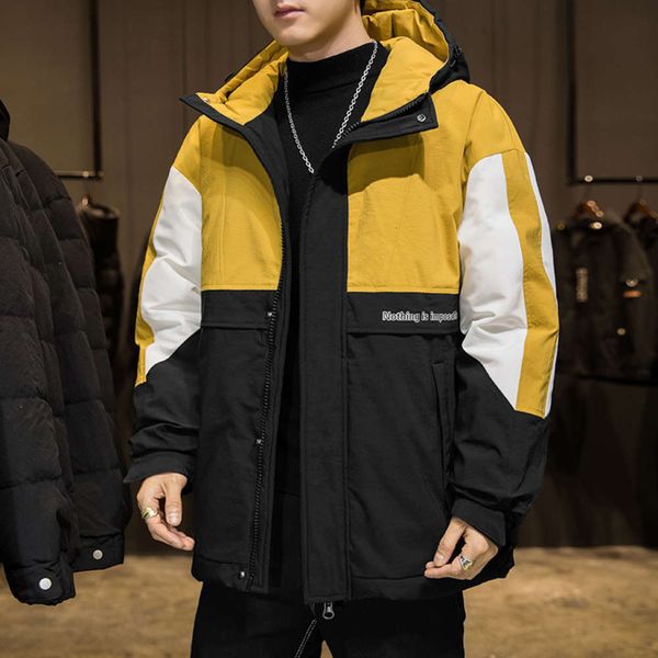 

men's down & parkas winter thickening short color matching hooded fashionable jacket thickened loose coat 46bm, Black