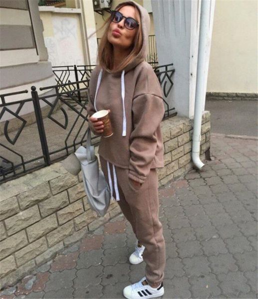 

stylish sports suit autumn and winter 2021 women's tracksuits casual drawstring sweater solid color splicing, Gray