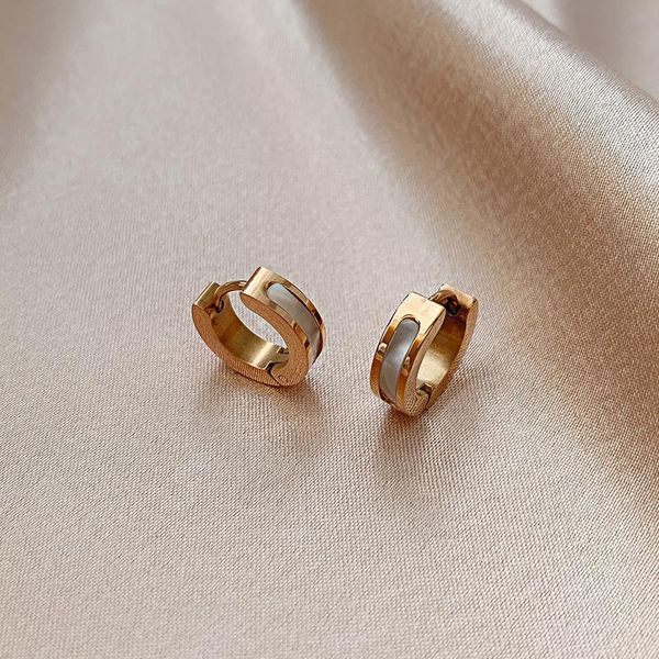 

hoop & huggie korean fashion titanium steel non fading inlaid shell earring for women party luxury simple jewelry little girl accessories, Golden;silver