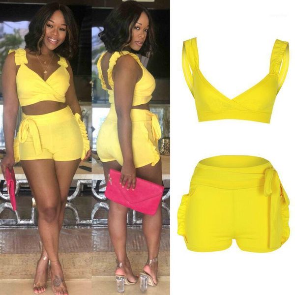 

summer women suit lady sleeveless playsuit jumpsuit rompers ruffled short pants 2pcs women's tracksuits, Gray