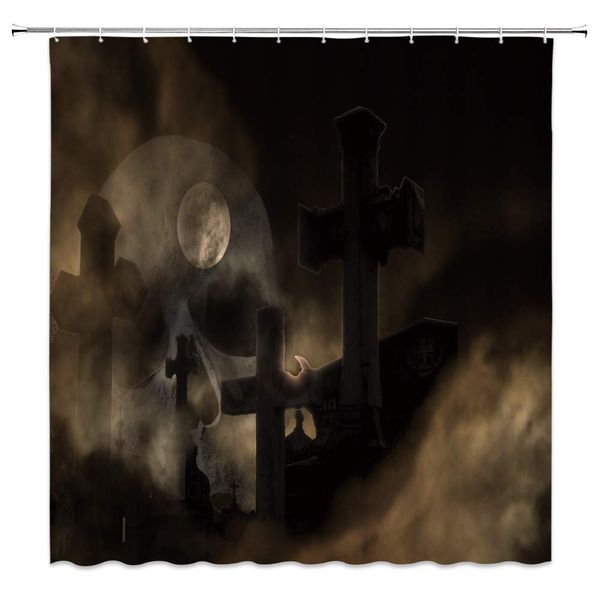 

gothic shower curtain horror night heavy fog full moon cross cemetery decor scary halloween black fabric bath curtains bathroom