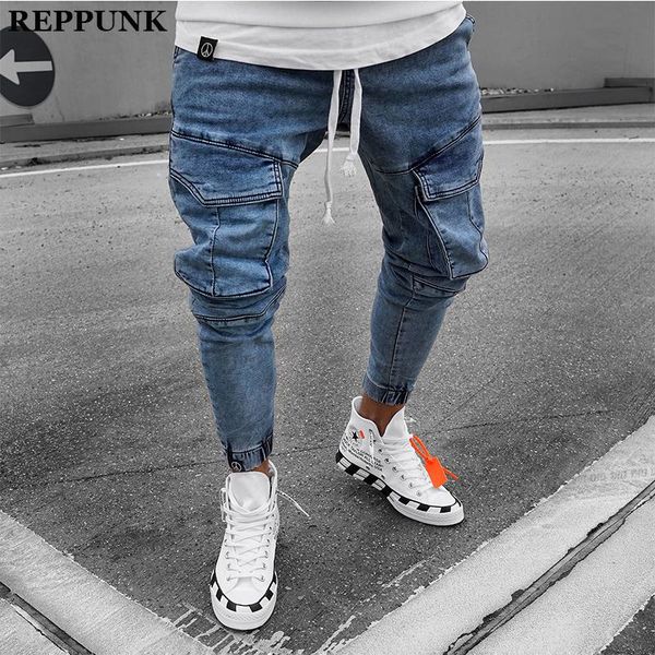

skinny biker jeans men multi-pocket bandage slim cargo joggers trousers for motorcycle hip hop streetwear swag denim pants men's, Blue