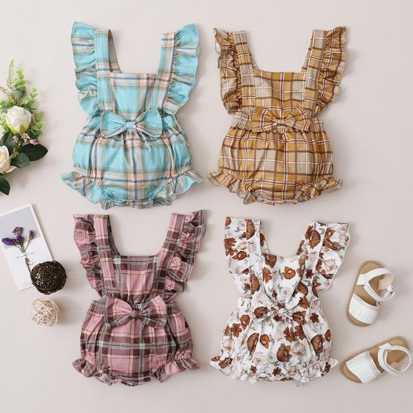 

clothing sets summer girls clothes cute kids jumpsuit 2021 born infant baby plaid floral printed bowknot backless romper bodysuit, White