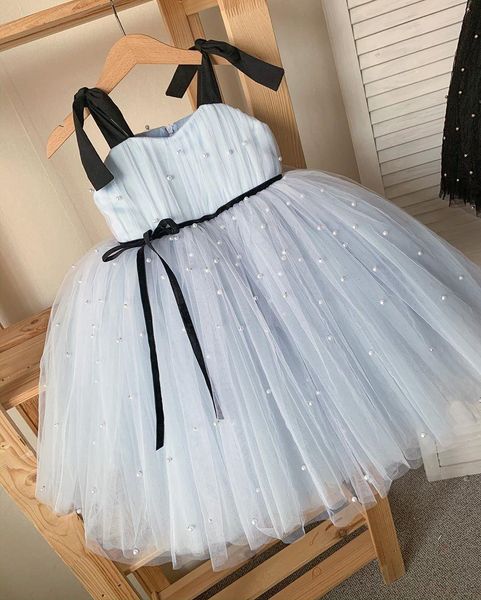 

luxurious pearls flower girl dresse ball gown tulle spaghetti little girl wedding dresses communion pageant dresses gowns, White;blue