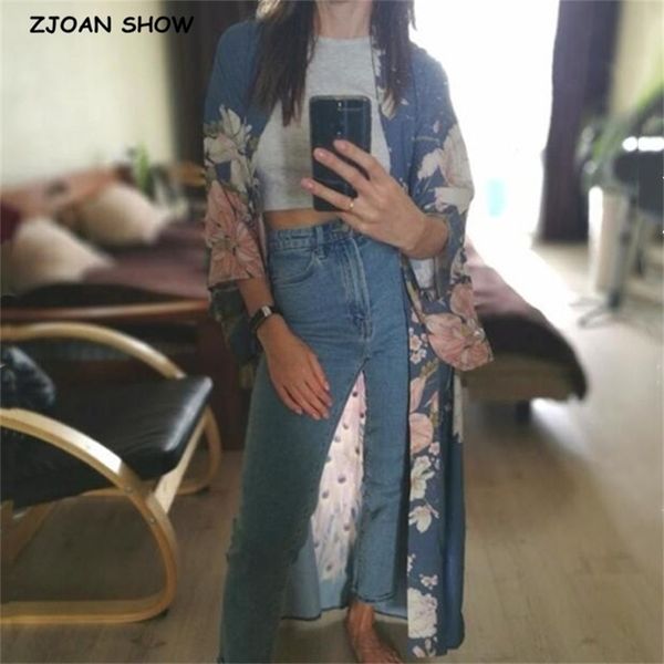 Bohemian v pescoço Pavão Flor Cópia Longa Kimono Camisa Étnica Lacing Up Sashes Cardigan Solto Blusa Tops Femme 210429