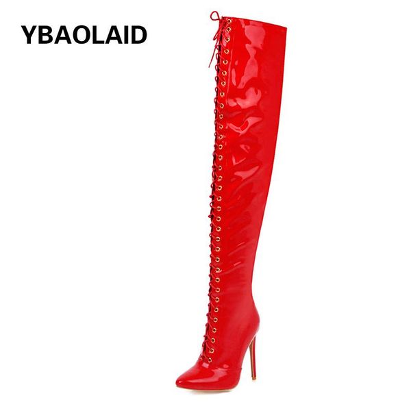 

boots autumn pointed toe stiletto super high heel fashion long lace-up nightclub dancers over the knee plus size, Black