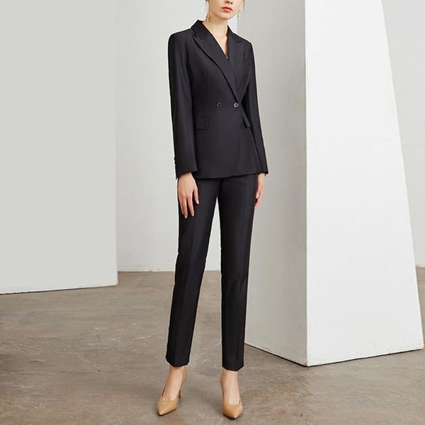 

women's two piece pants casual temperament office ladies suits spring and autumn slim double breasted jacket suit trouser, White