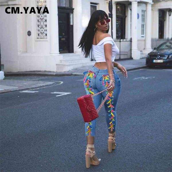 CM.YAYA Frauen Jeans Criss-Cross Lace Up Loch Mantel elastische hohe Taille lange Bleistift Denim Hosen Mode Street Hosen 210922