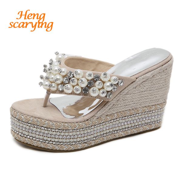 

women 2019 summer crystal 10.5cm high heels 4cm platform wedges sandals flip flop slides female pearl slippers beach dress shoes, Black