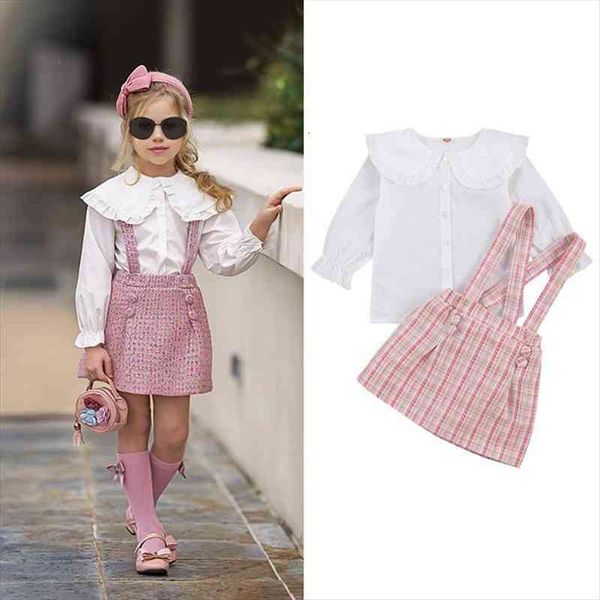 

toddler kids baby girls clothes sets 2pcs ruffles t shirt plaid print bib strap dress autumn princess outfits 1, White