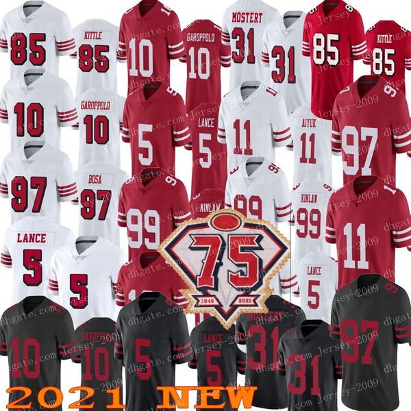 

75th patch 5 trey lance 85 george kittle football jerseys 97 nick bosa 10 jimmy garoppolo jerry rice brandon aiyuk joe montana 19 deebo samu, Black;red