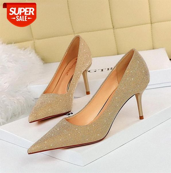 

8999-6 european and american style fashion banquet stiletto high heels shallow mouth pointed toe shiny sequined cloth women's shoes si