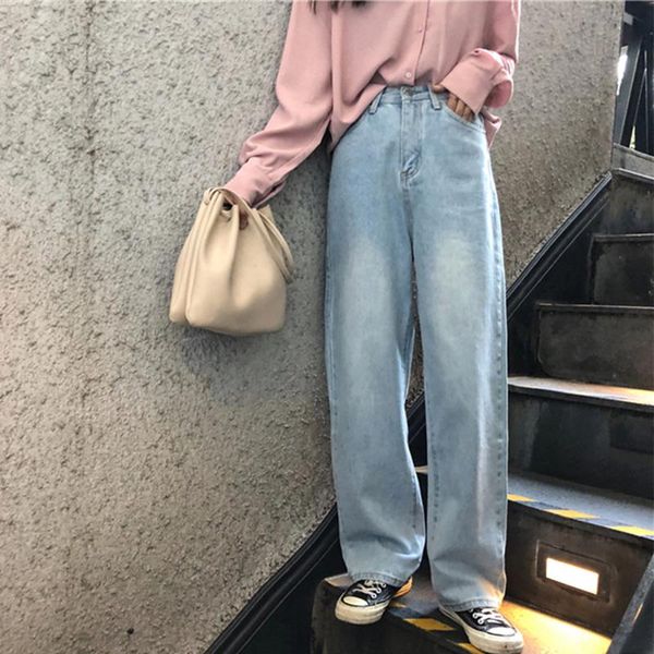 

jeans women leisure loose high waist retro wide leg womens jean korean style all-match simple full-length trendy chic zipper women's, Blue