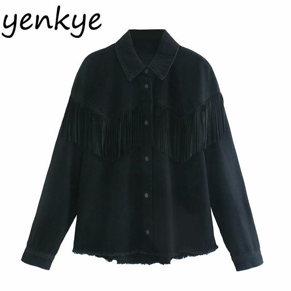 

fall women fashion fringe denim jacket long sleeve lapel collar vintage solid autumn hem frayed plus size outerwear women's jackets, Black;brown