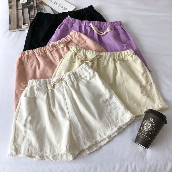 

women's jeans vintage women denim shorts fashion ripped solid summer softener casual elastic waist high wide leg pants zrk002, Blue