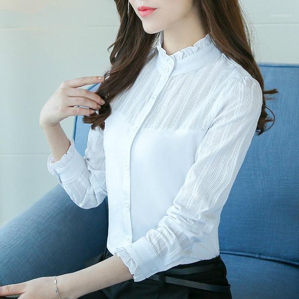 

lace blouse chiffon shirts women elegant blue white long sleeve casual blouses shirt chemise femme ladies women's &