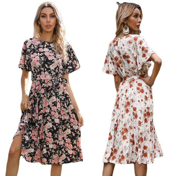 

charming dresses 2021 summer printed lotus sleeve round ne, Black;gray