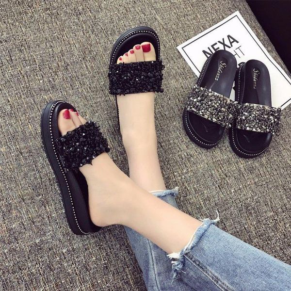 

slippers 2021 fashion personality korean version of the outdoor platform yi zi tuo lazy wild flat rhinestone sandals female, Black