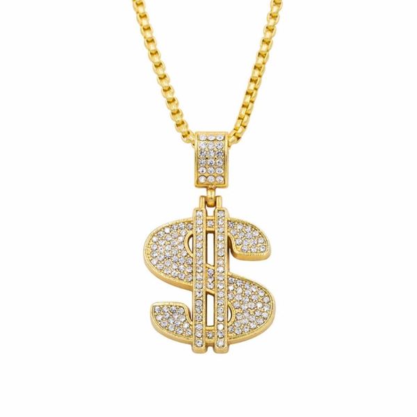 

pendant necklaces hip hop full rhinestones pave gold color bling out us dollar pendants men rock jewelry with 30 inch golden chain, Silver