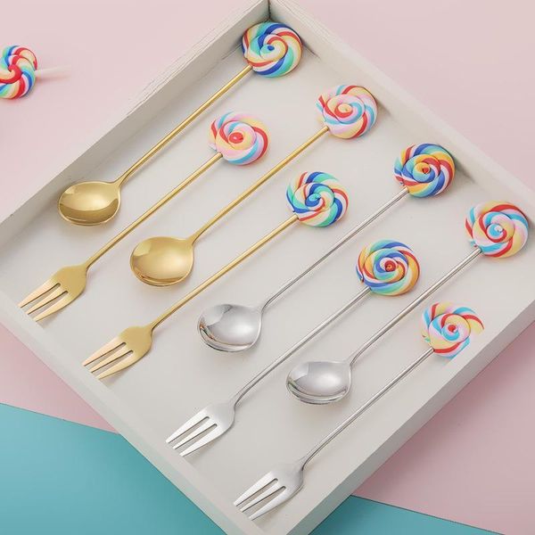 

forks 1pc stainless steel cute lollipop spoon fork cake coffee dessert tea ice cream stirring spoons candy cartoon teaspoon