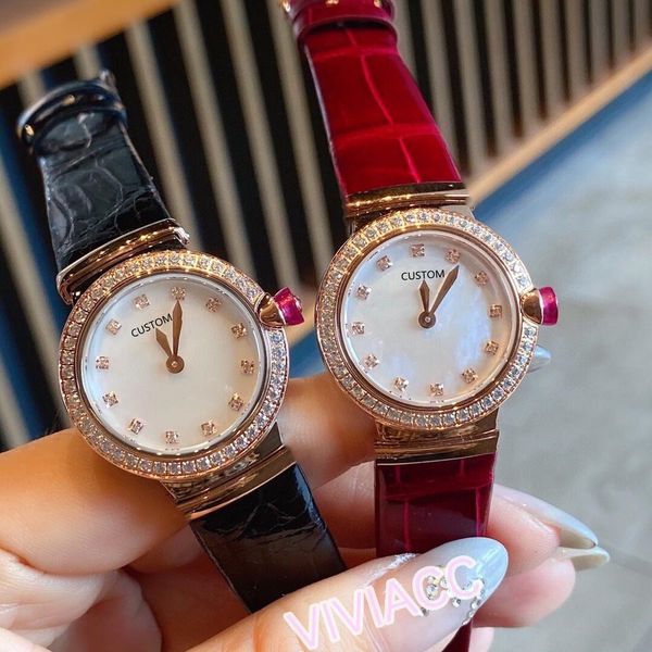 Novas mulheres clássicas mãe de pérola relógio de pulso roxo relógio de couro feminino rosa ouro cz diamante círculo geométrico relógios 28mm