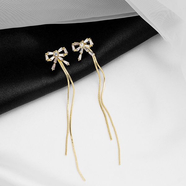 

925 silver needle light luxury bowknot zircon long tassel south korea a pair of elegant sweet earrings