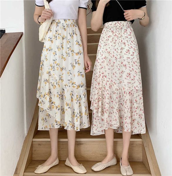 

gentle sweet elegant summer thin slim a line high waist floral print irregular skirts women chiffon faldas mujer fashion wild 210610, Black