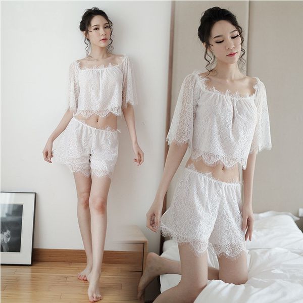 

underwear sao qi transparent lace shoulder split shorts pajama suit, Red;black