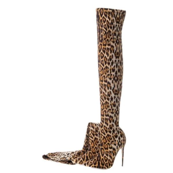 

boots leopard over-the-knee ladies fashion pointed toe thin high heel stretch women quality normal size, Black