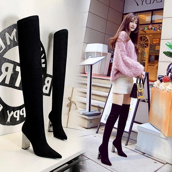 

boots pointy fashion metal heel thick high suede nightclub slim legged, Black