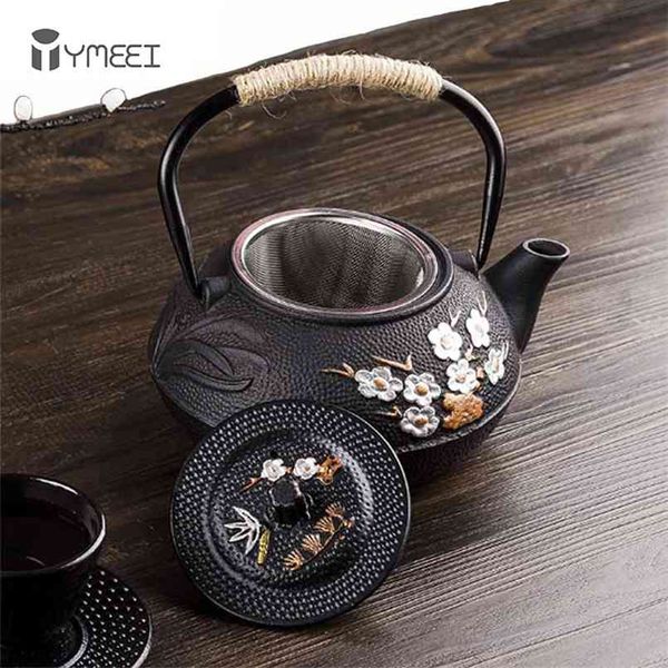 YMEEI 800ml Bule de ferro fundido japonês com aço inoxidável infuser filtro de ameixa de ameixa chá chaleira para ferver água 210621