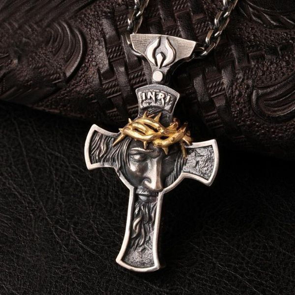 

pendant necklaces domineering wind crown of thorns human face cross fashion personality necklace jewelry, Silver
