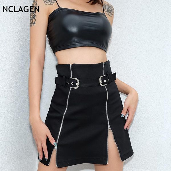 

skirts nclagen 2021 women zipper split sashes hip slim booty bodycon party night club high waist ladies mini skirt, Black