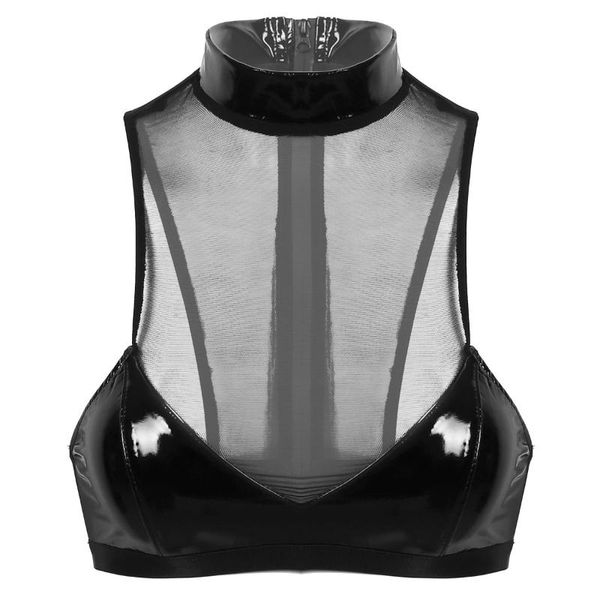 

women's tanks & camis womens high neck clubwear bra mesh and patent leather patchwork back zip up unlined wireless for pole costume, White